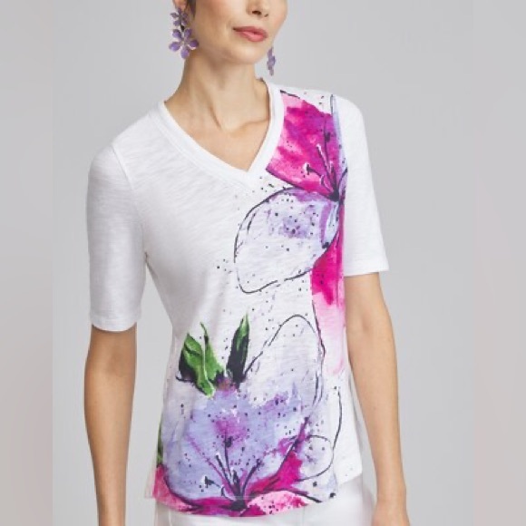 Chico's Tops - CHICO’S Placed Floral Elbow Sleeve A-Line Tee